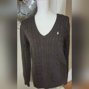 Ralph Lauren Brown Cable-Knit V-Neck Sweater